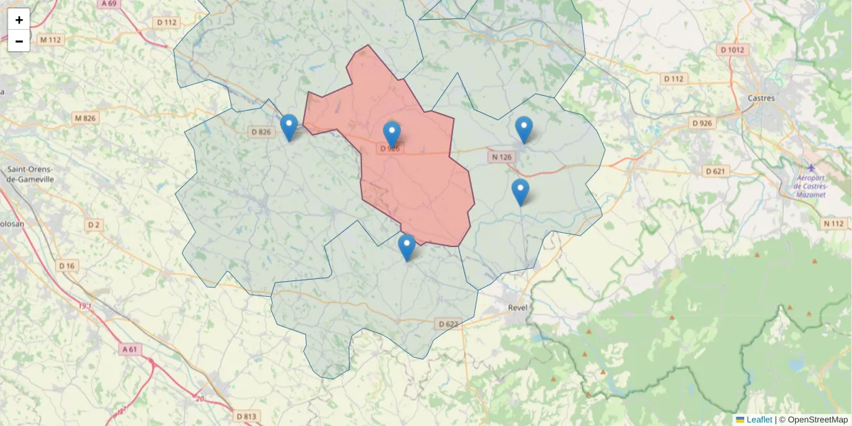 Carte de la zone du code postal  et des codes postaux voisins en France