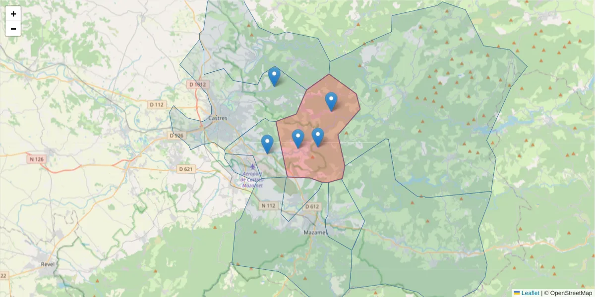 Carte de la zone du code postal  et des codes postaux voisins en France