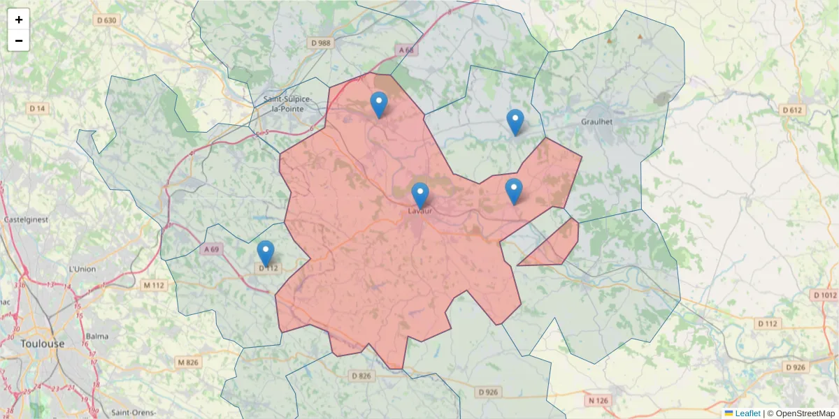 Carte de la zone du code postal  et des codes postaux voisins en France