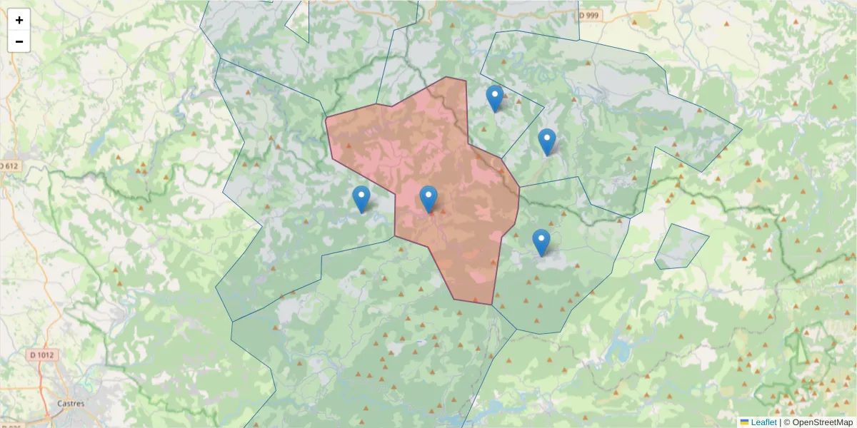 Carte de la zone du code postal  et des codes postaux voisins en France