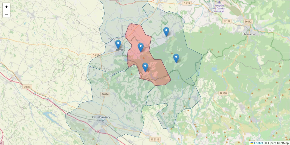 Carte de la zone du code postal  et des codes postaux voisins en France