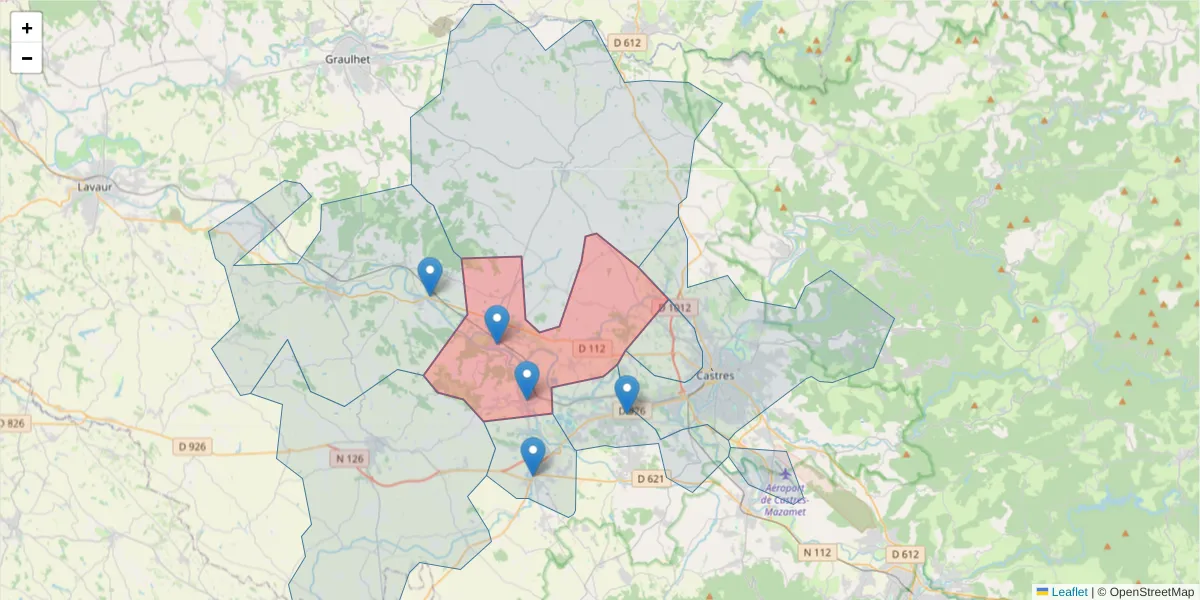 Carte de la zone du code postal  et des codes postaux voisins en France