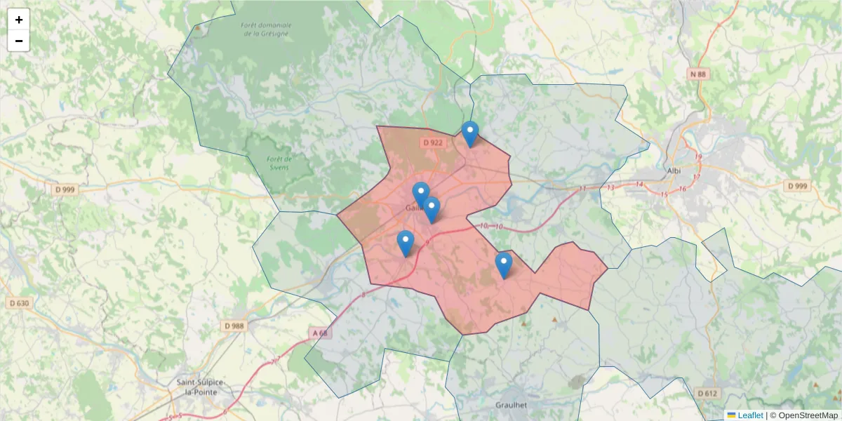 Carte de la zone du code postal  et des codes postaux voisins en France