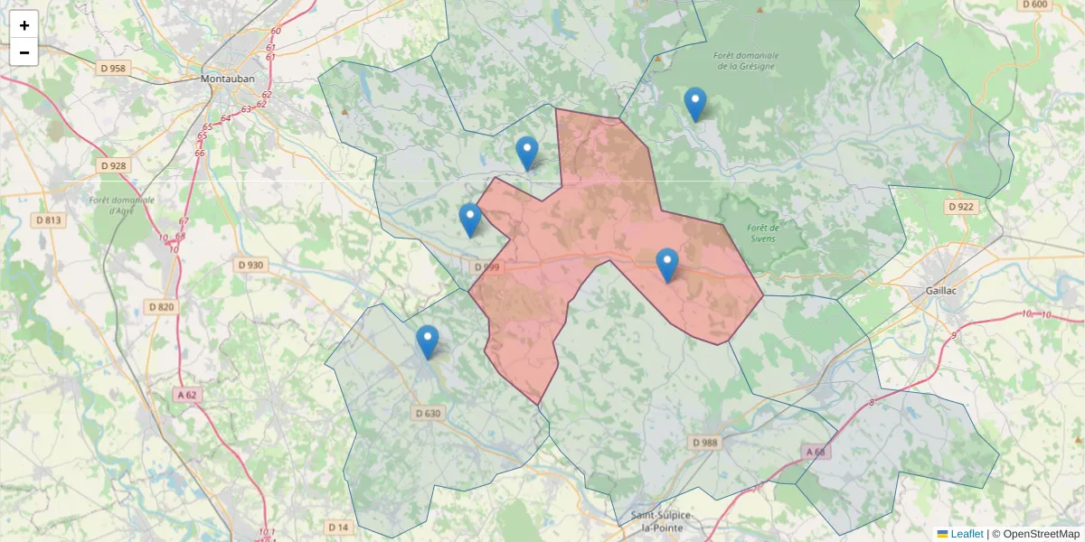 Carte de la zone du code postal  et des codes postaux voisins en France