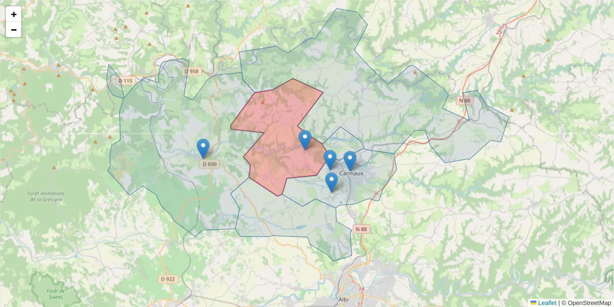 Carte de la zone du code postal  et des codes postaux voisins en France