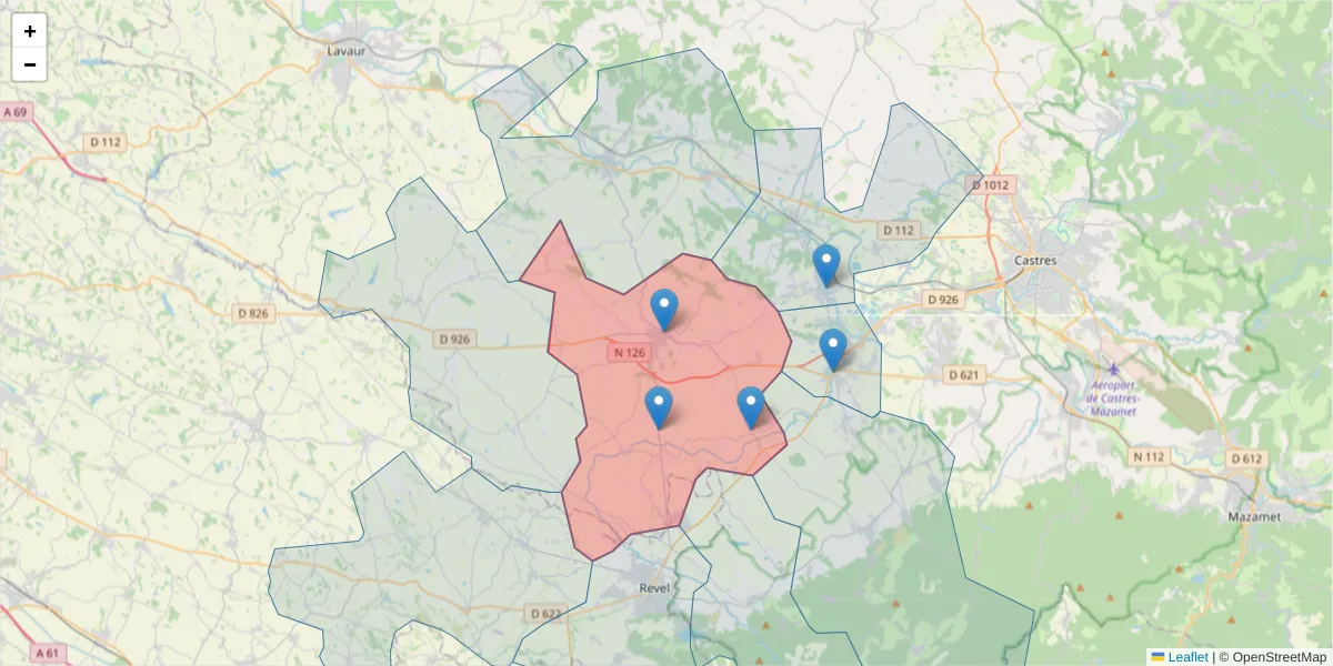 Carte de la zone du code postal  et des codes postaux voisins en France