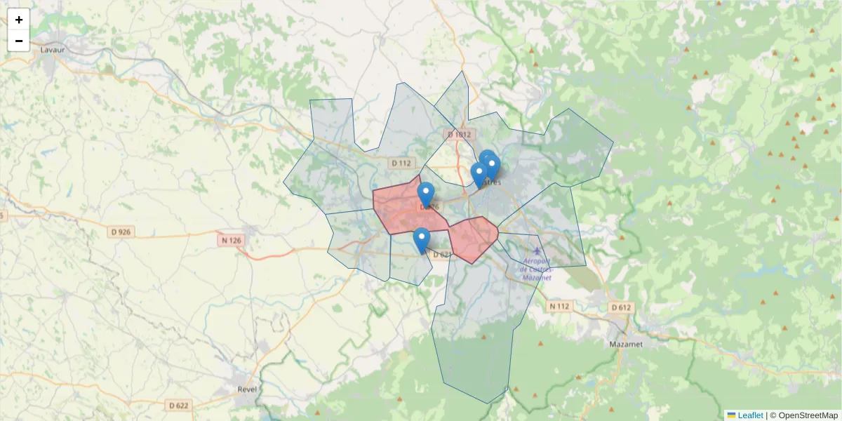 Carte de la zone du code postal  et des codes postaux voisins en France