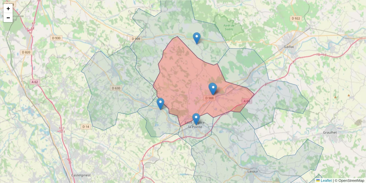 Carte de la zone du code postal  et des codes postaux voisins en France