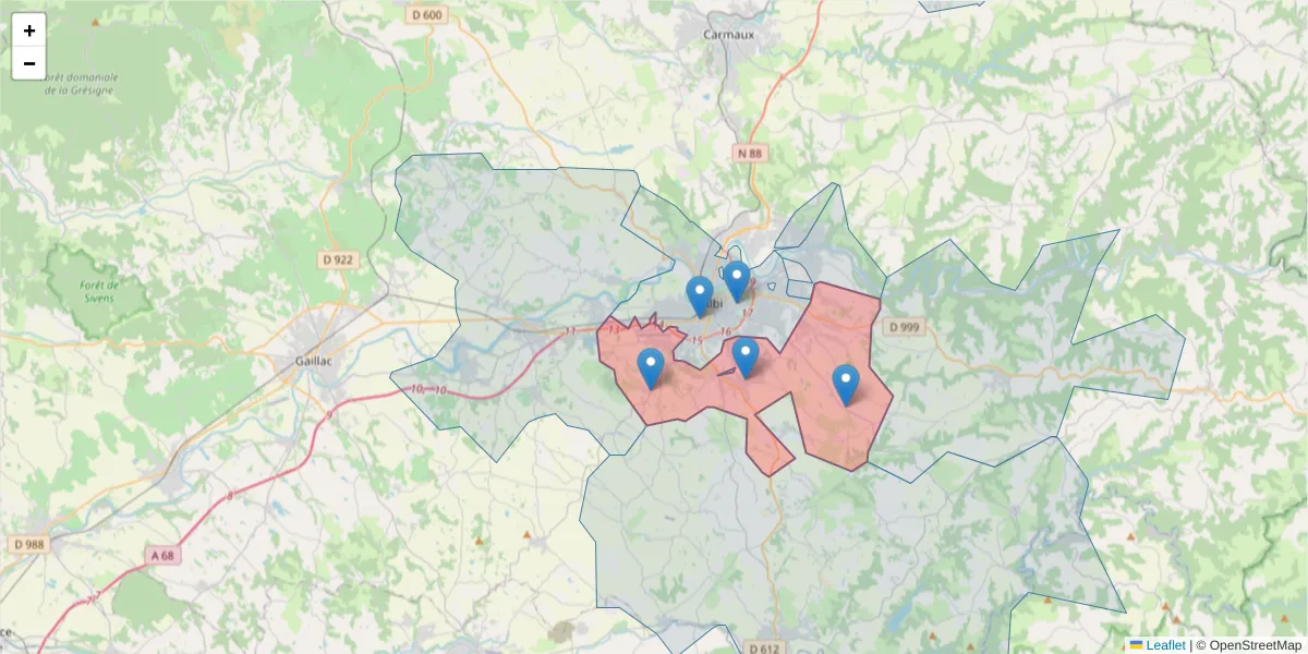 Carte de la zone du code postal  et des codes postaux voisins en France