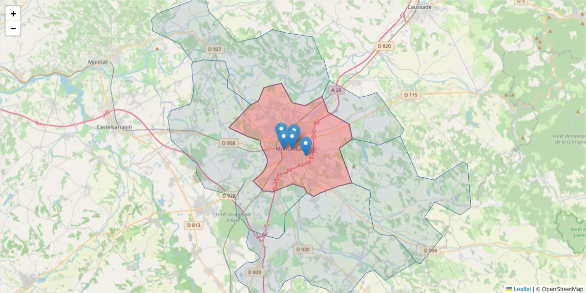 Carte de la zone du code postal  et des codes postaux voisins en France