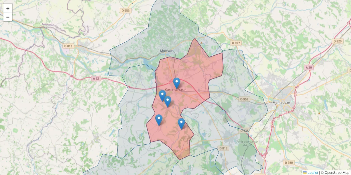 Carte de la zone du code postal  et des codes postaux voisins en France