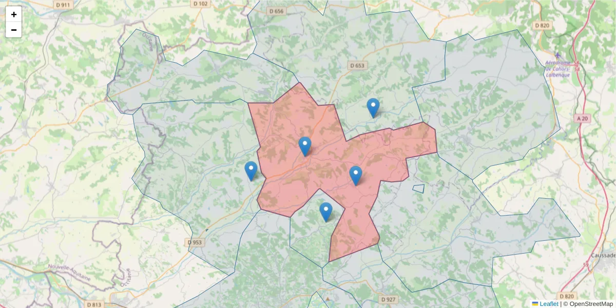 Carte de la zone du code postal  et des codes postaux voisins en France
