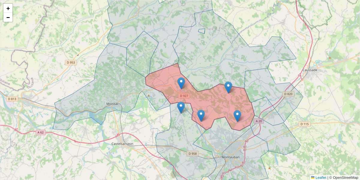 Carte de la zone du code postal  et des codes postaux voisins en France