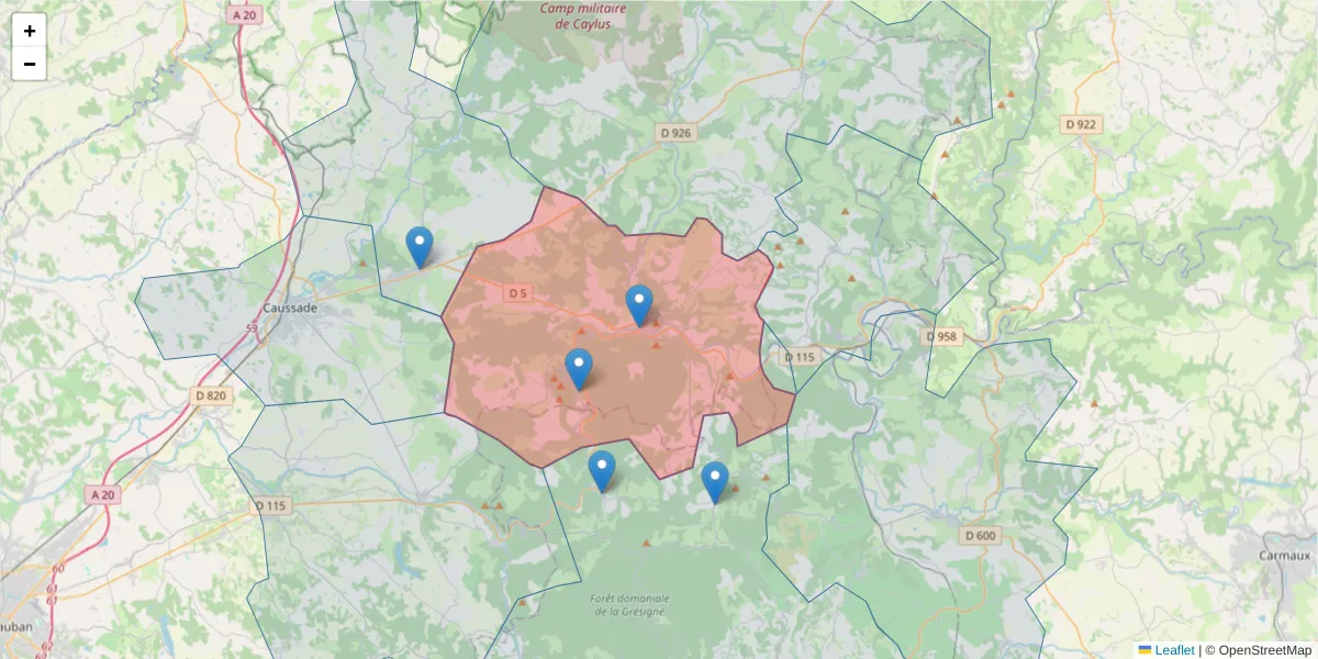 Carte de la zone du code postal  et des codes postaux voisins en France