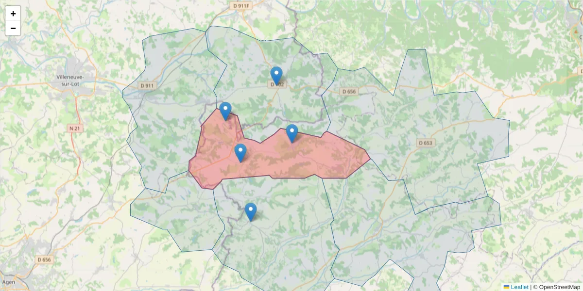 Carte de la zone du code postal  et des codes postaux voisins en France