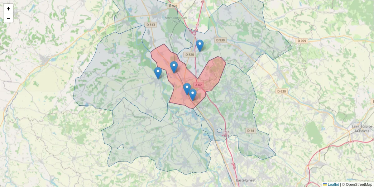 Carte de la zone du code postal  et des codes postaux voisins en France