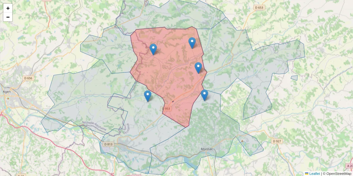 Carte de la zone du code postal  et des codes postaux voisins en France