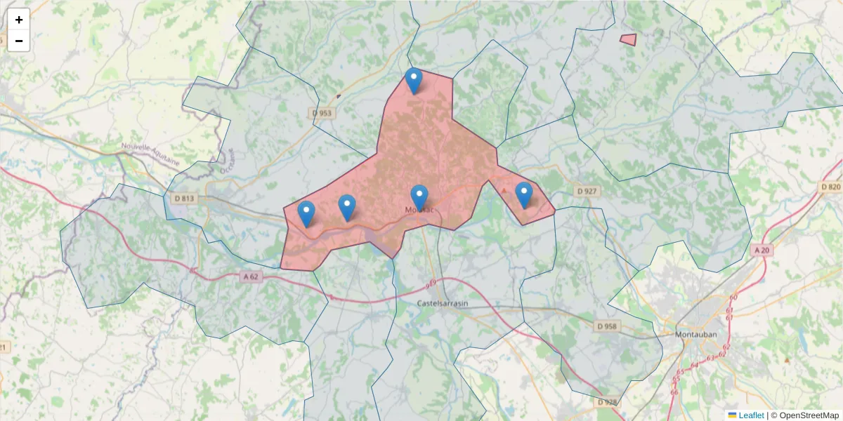 Carte de la zone du code postal  et des codes postaux voisins en France