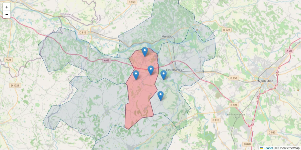 Carte de la zone du code postal  et des codes postaux voisins en France
