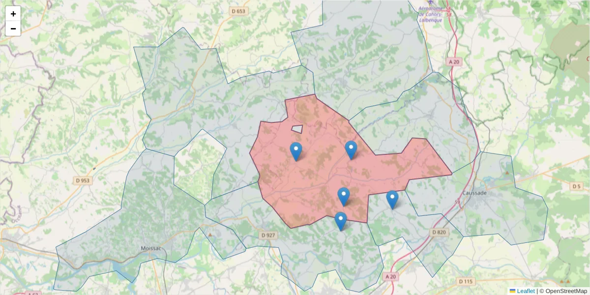 Carte de la zone du code postal  et des codes postaux voisins en France