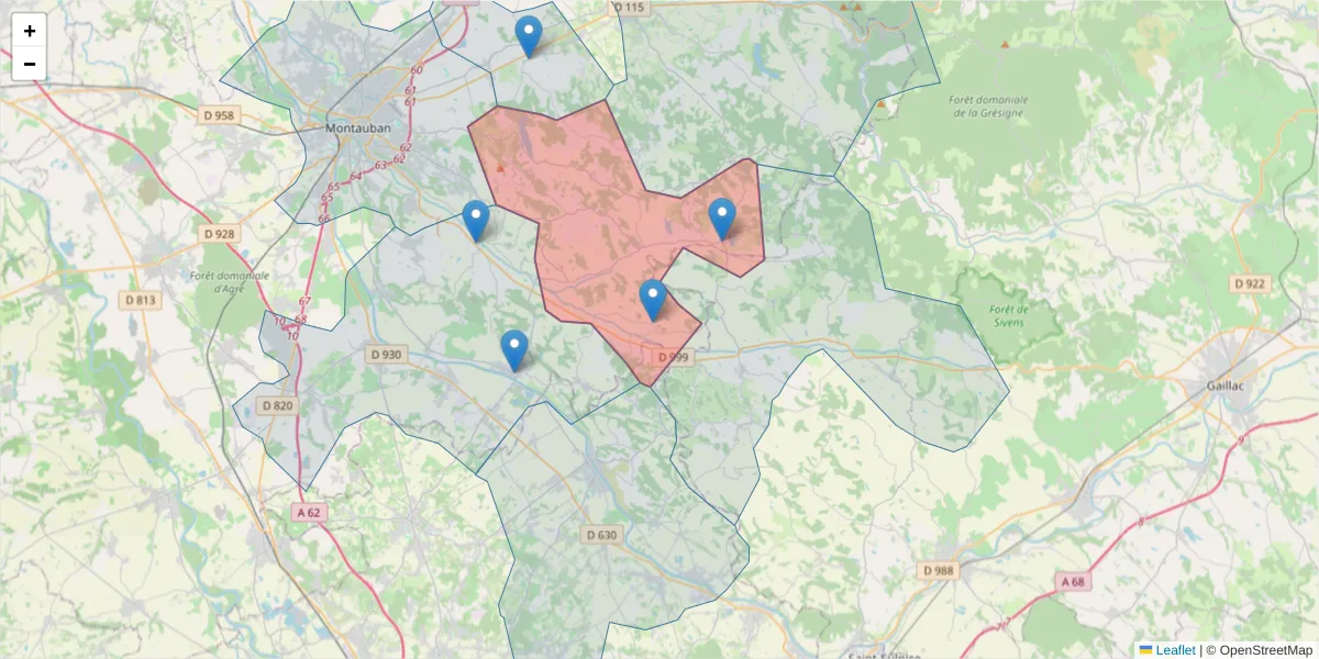 Carte de la zone du code postal  et des codes postaux voisins en France