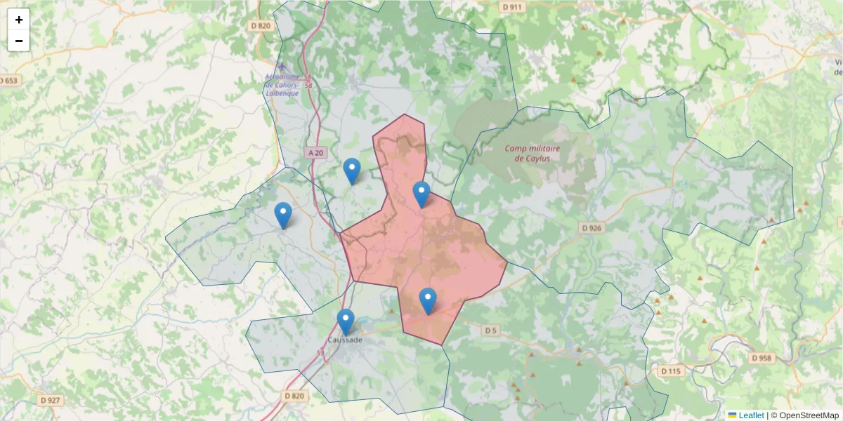 Carte de la zone du code postal  et des codes postaux voisins en France