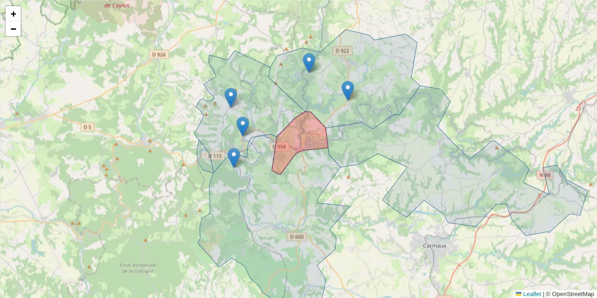 Carte de la zone du code postal  et des codes postaux voisins en France