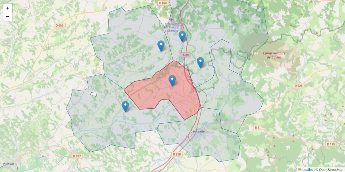 Carte de la zone du code postal  et des codes postaux voisins en France