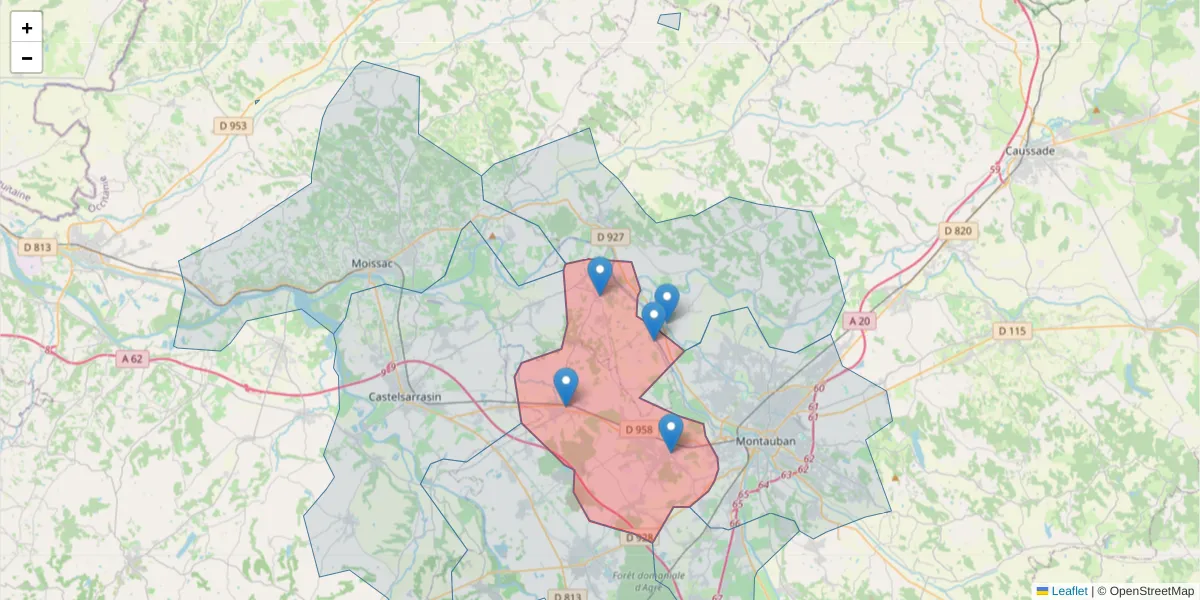 Carte de la zone du code postal  et des codes postaux voisins en France