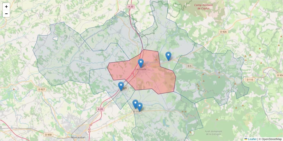 Carte de la zone du code postal  et des codes postaux voisins en France