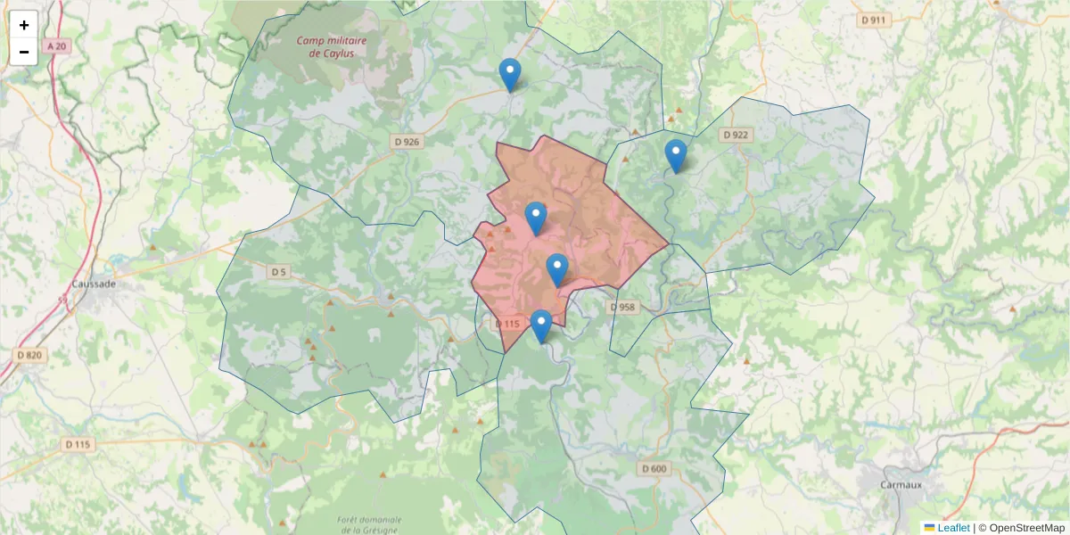 Carte de la zone du code postal  et des codes postaux voisins en France