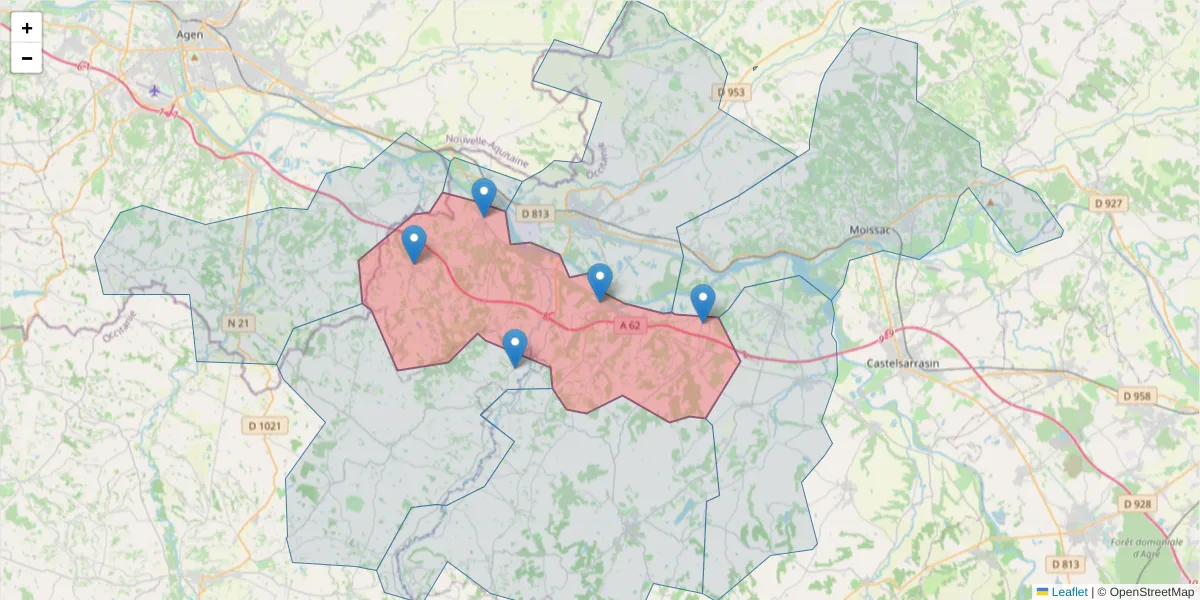 Carte de la zone du code postal  et des codes postaux voisins en France
