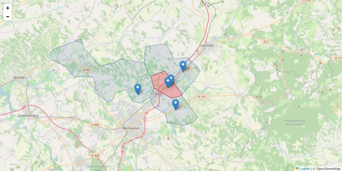 Carte de la zone du code postal  et des codes postaux voisins en France