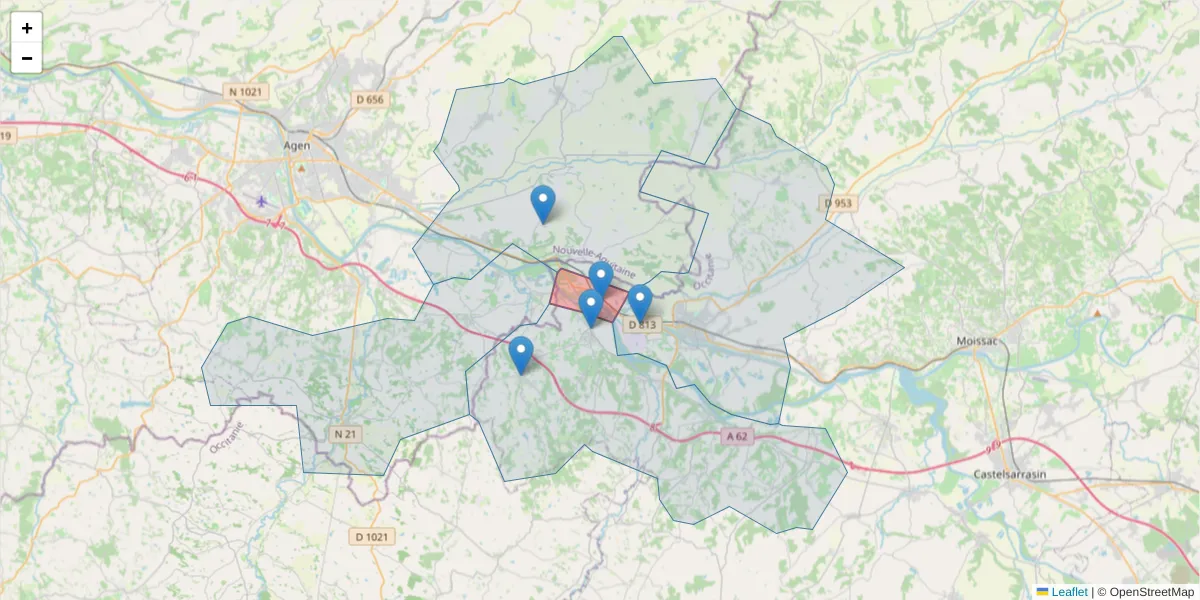 Carte de la zone du code postal  et des codes postaux voisins en France