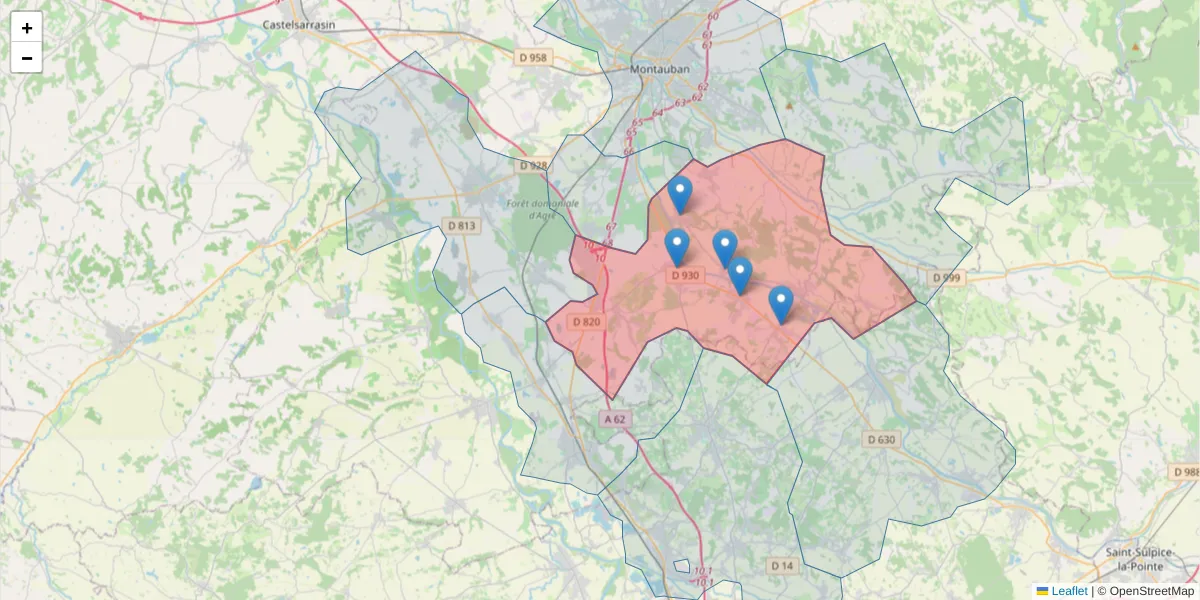 Carte de la zone du code postal  et des codes postaux voisins en France