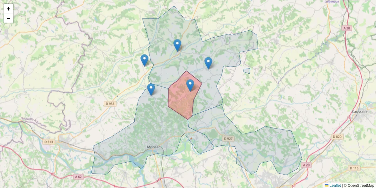 Carte de la zone du code postal  et des codes postaux voisins en France