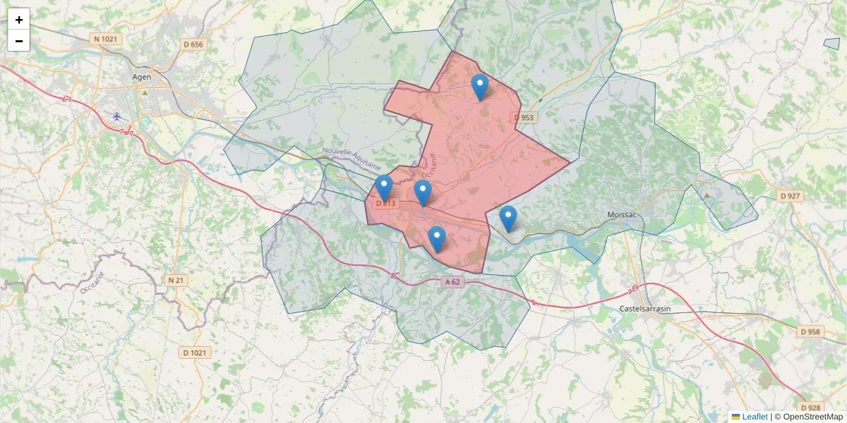 Carte de la zone du code postal  et des codes postaux voisins en France
