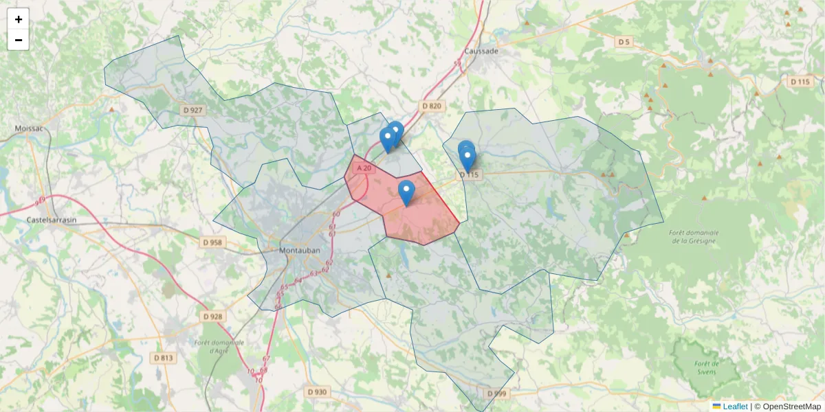 Carte de la zone du code postal  et des codes postaux voisins en France