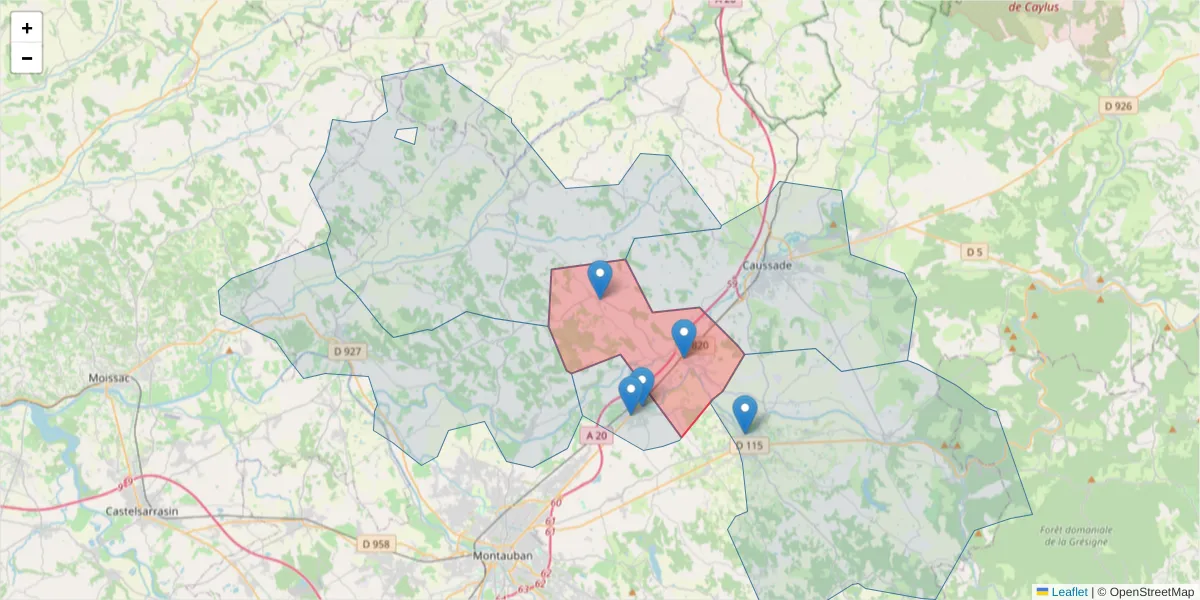 Carte de la zone du code postal  et des codes postaux voisins en France