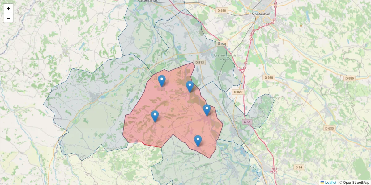 Carte de la zone du code postal  et des codes postaux voisins en France