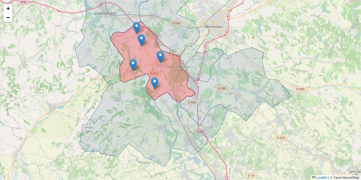 Carte de la zone du code postal  et des codes postaux voisins en France