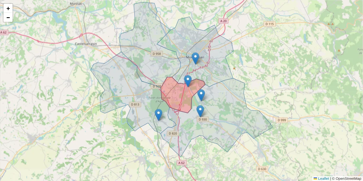 Carte de la zone du code postal  et des codes postaux voisins en France