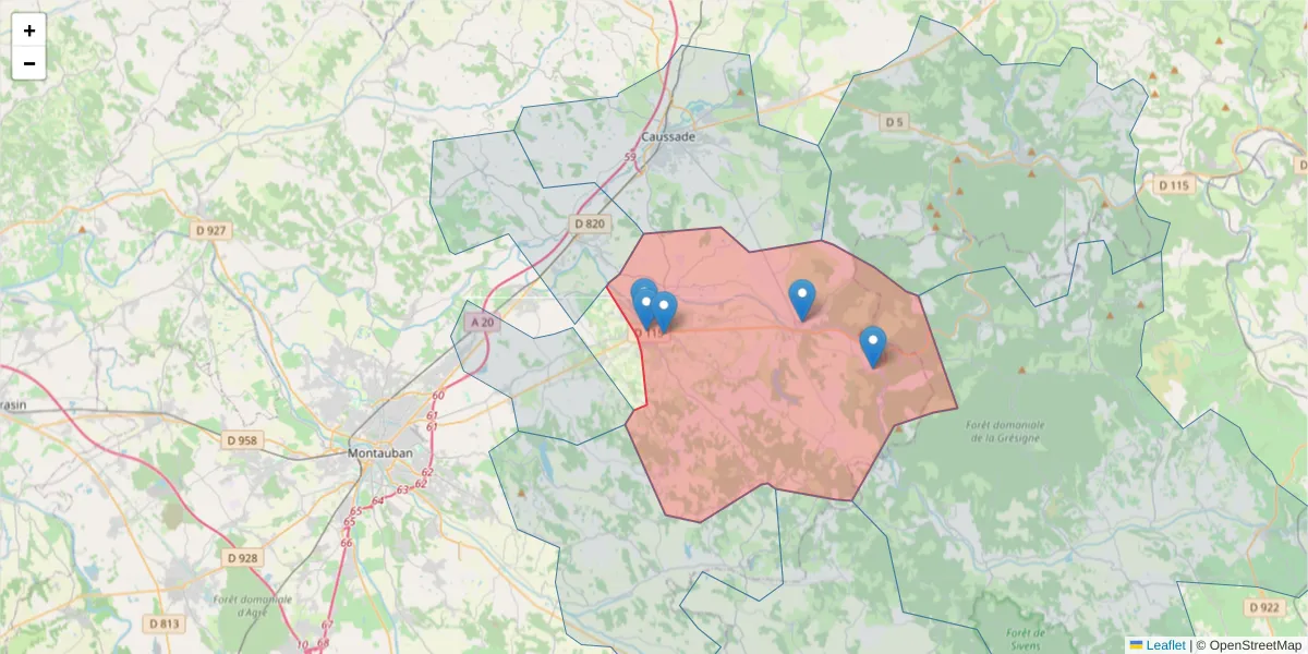 Carte de la zone du code postal  et des codes postaux voisins en France