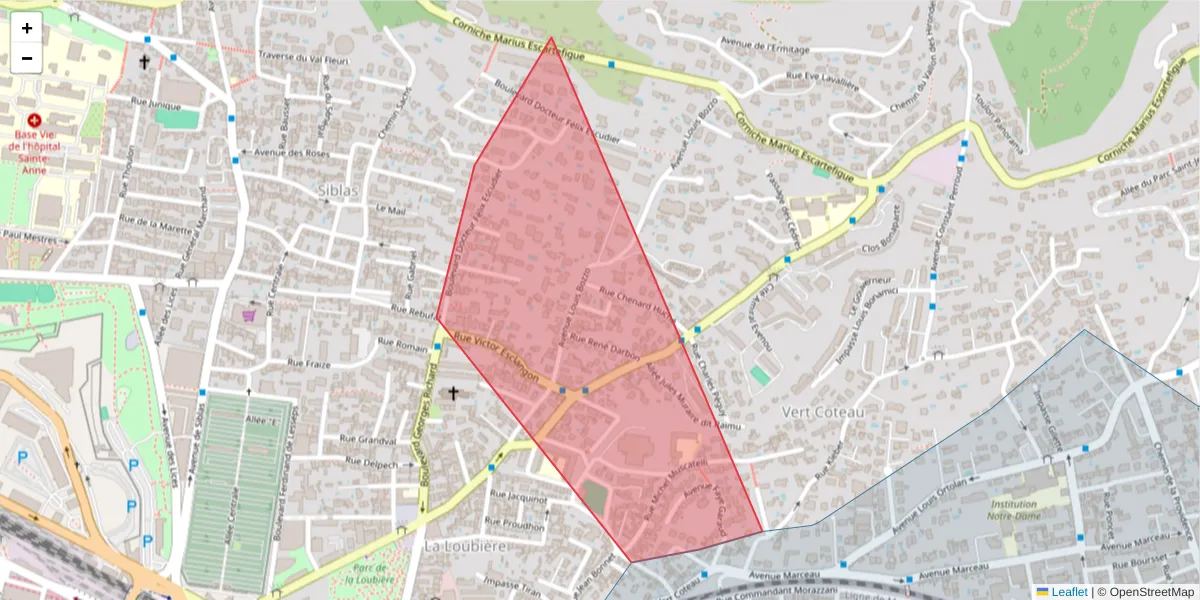 Carte de la zone du code postal  et des codes postaux voisins en France