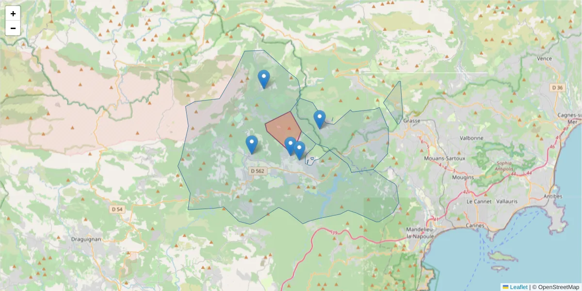 Carte de la zone du code postal  et des codes postaux voisins en France