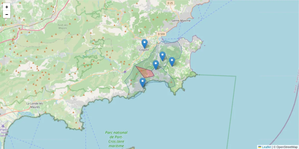 Carte de la zone du code postal  et des codes postaux voisins en France