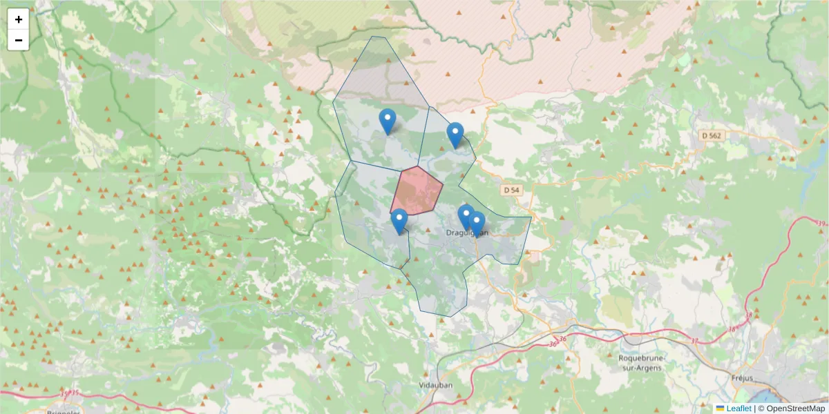 Carte de la zone du code postal  et des codes postaux voisins en France