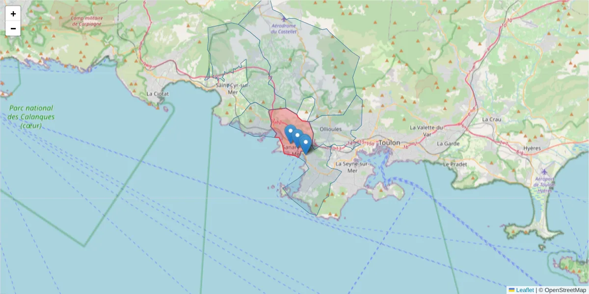 Carte de la zone du code postal  et des codes postaux voisins en France