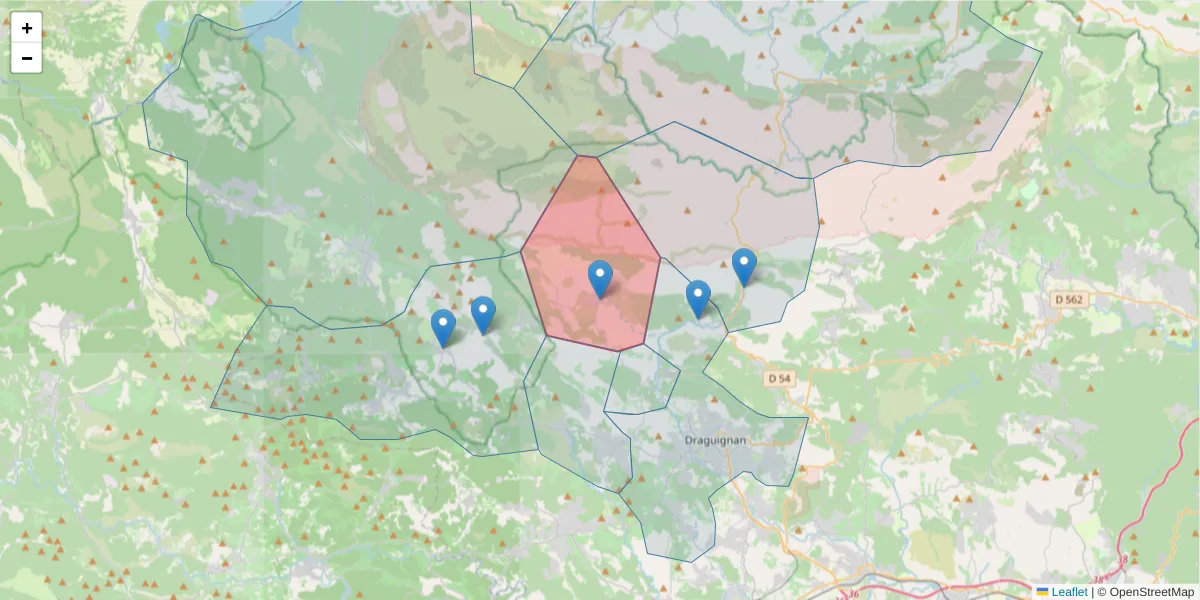 Carte de la zone du code postal  et des codes postaux voisins en France