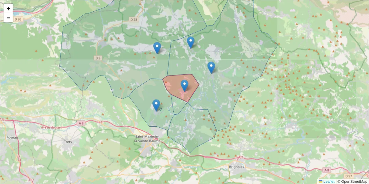 Carte de la zone du code postal  et des codes postaux voisins en France